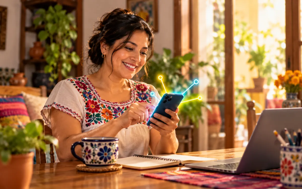 Emprendedora registrándose desde su celular para vender recargas