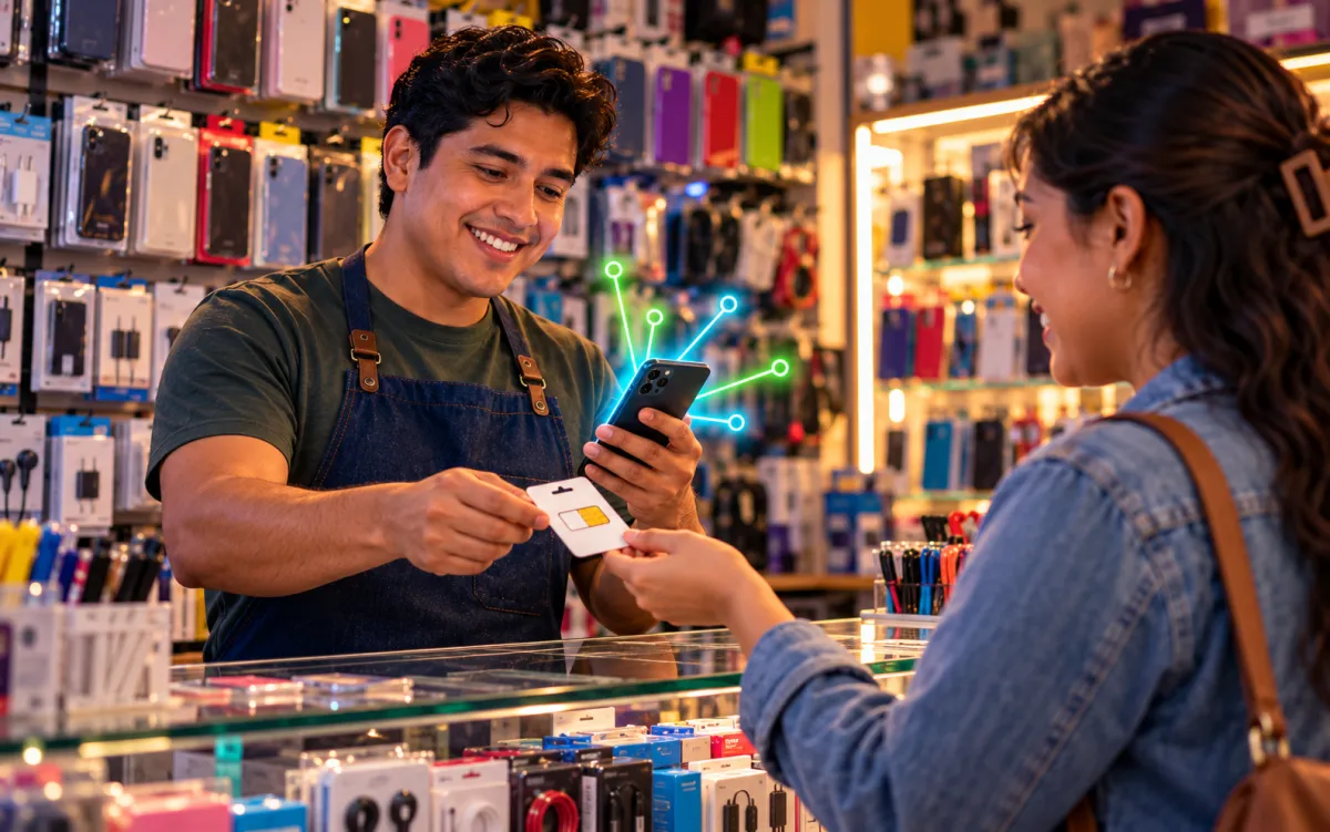 Distribuidor entregando un chip Axios Mobile a un cliente en su negocio