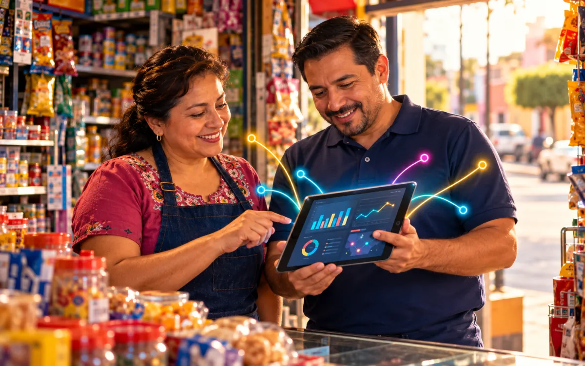 Distribuidor de recargas visitando a un comerciante afiliado