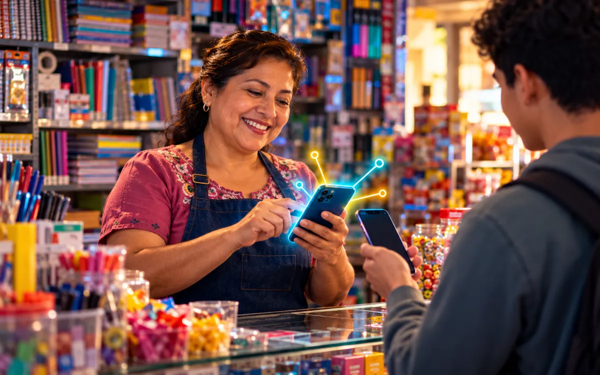 Comerciante vendiendo una recarga desde su celular a un cliente